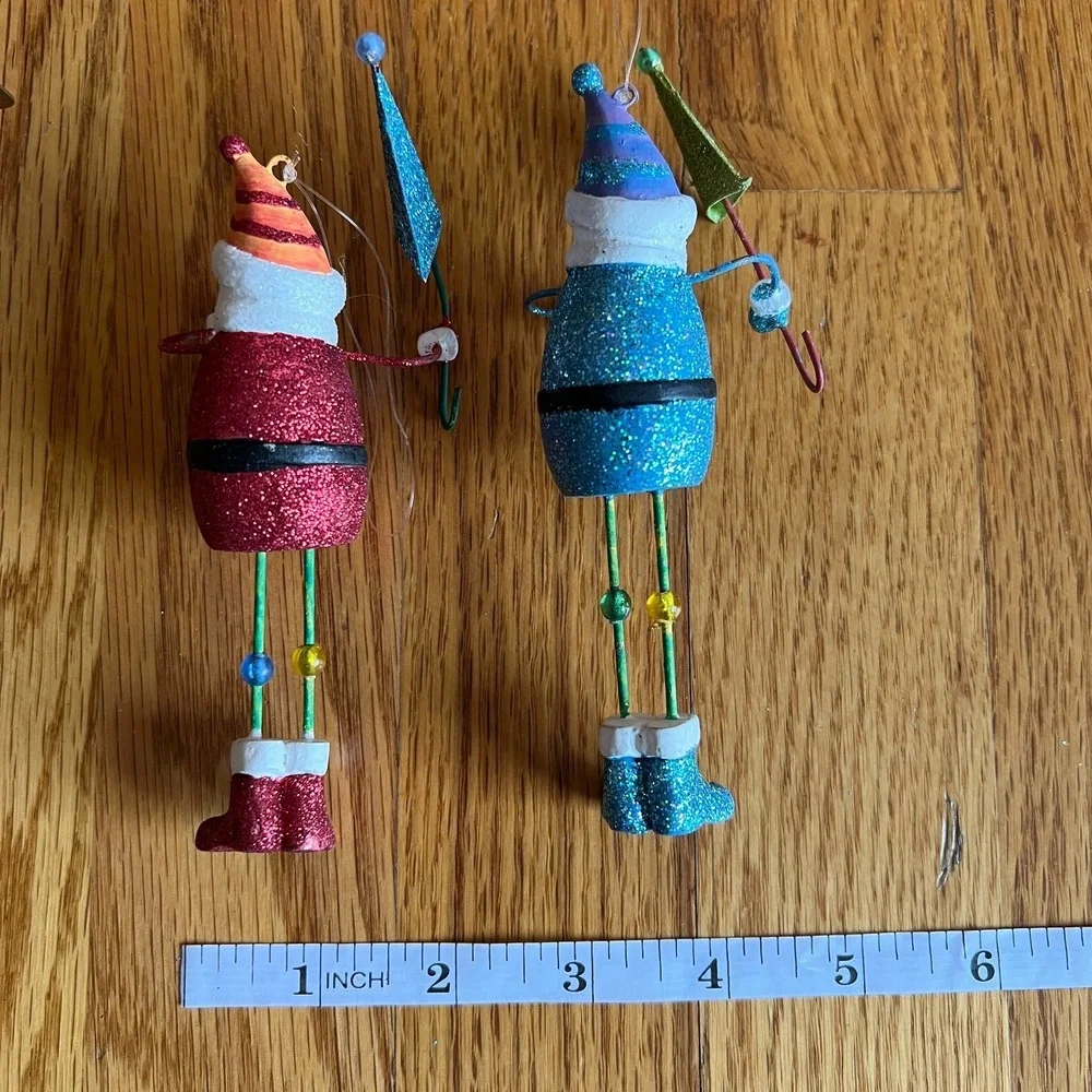 Lot of 2 Dept 56 Glitter Santa‎ Ornaments Retro Beaded Legs Christmas Holiday